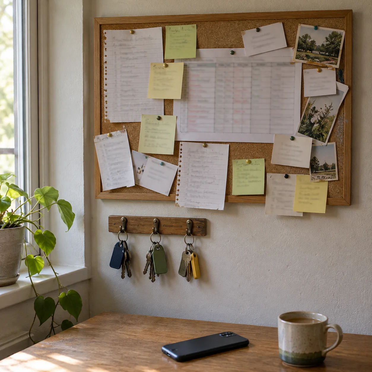 An owner's wall of rotas and notes, with keys on hooks below.